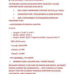 May include: A white informational document with red text detailing compatibility notes for vintage Mahjong tiles. It specifies requirements for early 1920s handmade sets, bamboo and bone construction, and dimensions of 1 7/32 inches by 53/64 inches.
