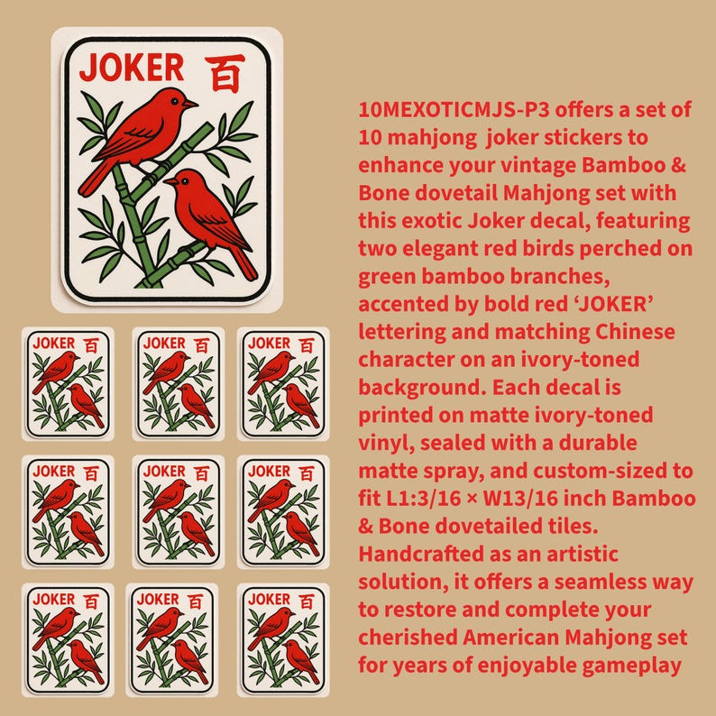 Vintage Mahjong Joker Stickers: Bamboo & Bone Tile Decals 10MEXOTICMJS-P3