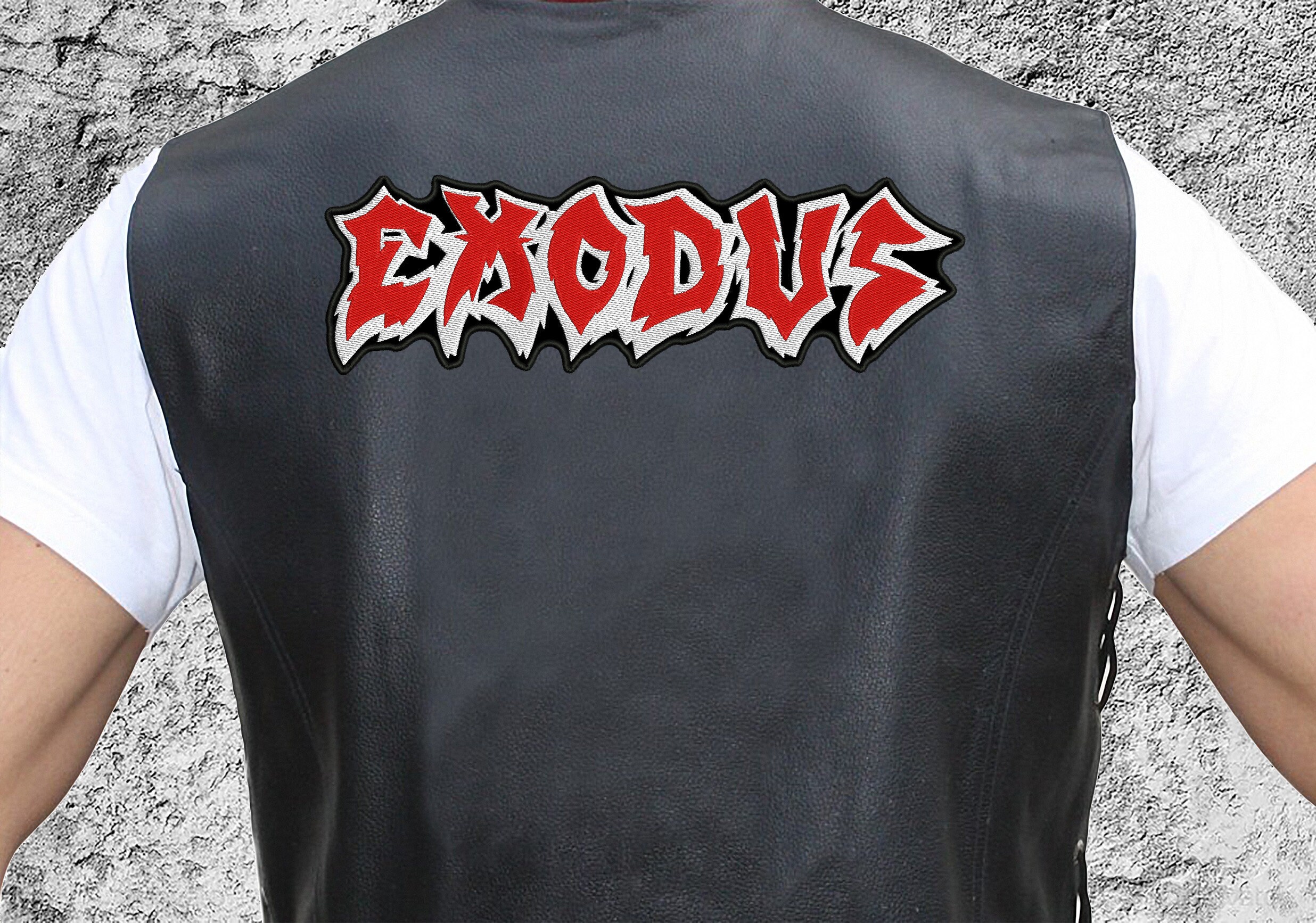 EXODUS,IRON ON RED WITH WHITE EDGE EMBROIDERED PATCH 