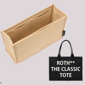 May include: Beige felt bag organiser with multiple compartments. The organiser is designed to fit inside a tote bag. The image also shows a black tote bag with the text "ROTH** THE CLASSIC TOTE" printed on it.