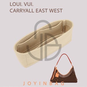 May include: A beige felt handbag organizer insert with multiple interior compartments and stitched edges. The text LOUI. VUI. CARRYALL EAST WEST is visible at the top, and a small brown handbag with red handles is shown at the bottom right.