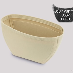 May include: A beige felt handbag organizer insert with a curved, tapered shape and multiple interior pockets. The insert is designed for a black crescent-shaped bag labeled LOUI* VUI***** LOOP HOBO, which is shown in the upper right corner.