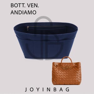 May include: A navy blue felt bag organiser with multiple interior pockets and a zippered compartment, positioned above a brown woven leather handbag. The text BOTT. VEN. ANDIAMO and JOYINBAG is visible on the light background.