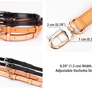 May include: An assortment of adjustable vachetta straps in black, brown, and tan. Each strap features a gold-colored buckle and hardware. The straps are 0.59 inches (1.5 cm) wide. The image also shows measurements of 0.78 inches (2 cm) and 0.39 inches (1 cm).