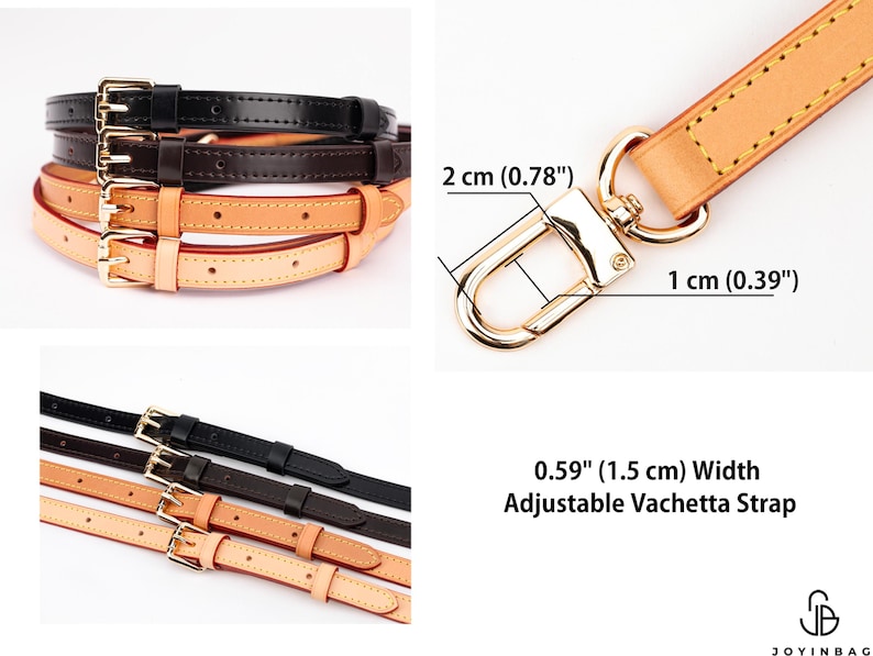 May include: An assortment of adjustable vachetta straps in black, brown, and tan. Each strap features a gold-colored buckle and hardware. The straps are 0.59 inches (1.5 cm) wide. The image also shows measurements of 0.78 inches (2 cm) and 0.39 inches (1 cm).