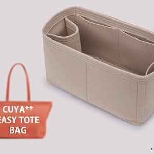 May include: A beige felt handbag organiser insert with multiple interior compartments and pockets. Beside it is a coral-coloured tote bag with the white text CUYA** EASY TOTE BAG printed on the front. The bottom right corner features the logo JOYINBAG.