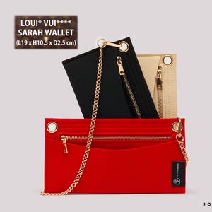 May include: A red felt wallet organizer with a gold chain strap, a zippered pocket, and a black Joyinbag tag. Behind it are black and beige felt organizers. Text reads: LOUI* VUI**** SARAH WALLET (L19 x H10.5 x D2.5 cm) and JOYINBAG.