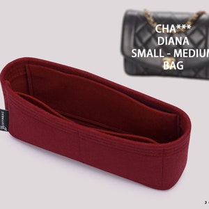May include: Red felt bag insert for a Chanel Diana small to medium bag. The insert has multiple compartments and a Joyinbag logo.