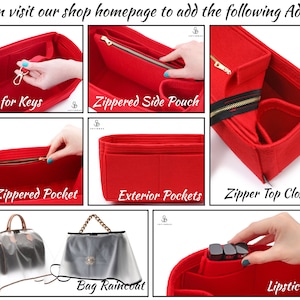 May include: A collage of images showcasing various add-ons for a handbag, including a hook for keys, a zippered side pouch, a zippered pocket, exterior pockets, a zipper top closure, a bag raincoat, and a lipstick case.