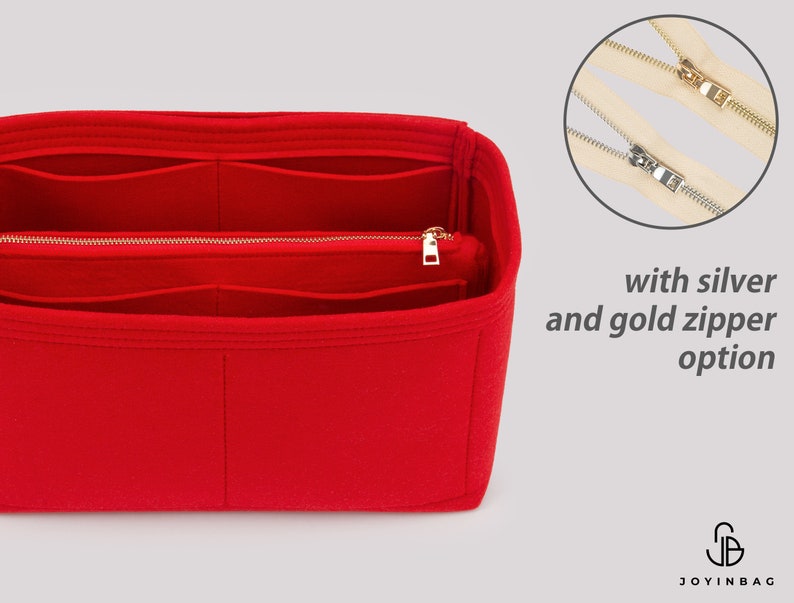 May include: Red felt bag organiser with multiple compartments and a zipper closure. The zipper is available in silver or gold.
