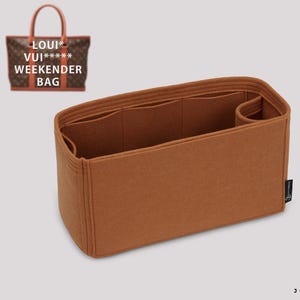 Può includere: Un organizer per borse in feltro marrone con più scomparti. L'organizer è progettato per essere inserito all'interno di una borsa. L'immagine mostra anche una borsa con la scritta "LOUI* VUI****** WEEKENDER BAG".