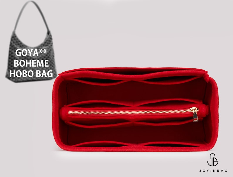 May include: Red felt bag organiser with multiple compartments and a zipped pocket. The organiser is designed to fit inside a Goy** Boheme Hobo Bag.