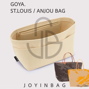 May include: Beige bag organizer with multiple pockets and a zippered top. The text "GOYA. ST.LOUIS / ANJOU BAG" is printed at the top. Two tote bags are shown at the bottom right. The text "JOYINBAG" is printed at the bottom.