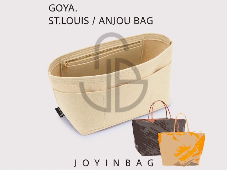 May include: Beige bag organizer with multiple pockets and a zippered top. The text "GOYA. ST.LOUIS / ANJOU BAG" is printed at the top. Two tote bags are shown at the bottom right. The text "JOYINBAG" is printed at the bottom.