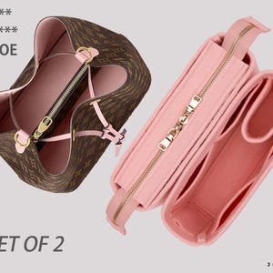 May include: A brown monogram bucket bag with pink interior and a separate light pink felt bag organiser insert. The text LOUI** VUI***** NEONOE and SET OF 2 is visible. The organiser features multiple compartments and a central zippered section.