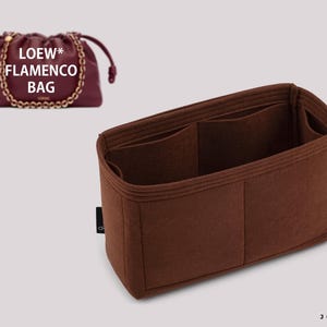 May include: A brown felt bag organizer with multiple compartments. The organizer is designed to fit inside a Loewe Flamenco bag.