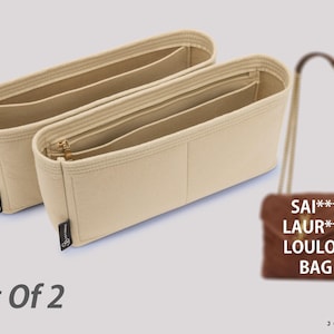 May include: A set of two beige felt handbag organizers with multiple interior compartments and a zippered pocket. Each organizer features a small black tag with the text JOYINBAG. A brown quilted handbag is shown with the text SAI*** LAUR*** LOULOU BAG.
