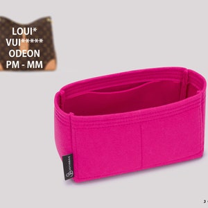 May include: A bright pink felt bag organiser with multiple compartments. The organiser is designed to fit inside a Louis Vuitton Odeon PM - MM handbag. The organiser has the Joyinbag logo on the side.