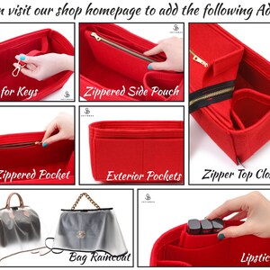 May include: A collage of images showcasing various add-ons for a handbag. The add-ons include a hook for keys, a zippered side pouch, a zippered pocket, exterior pockets, a zipper top closure, a bag raincoat, and a lipstick case.