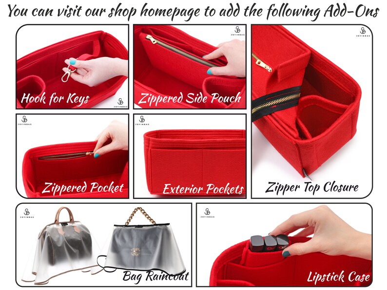 May include: A collage of images showcasing various add-ons for a handbag. The add-ons include a hook for keys, a zippered side pouch, a zippered pocket, exterior pockets, a zipper top closure, a bag raincoat, and a lipstick case.