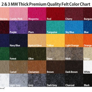 Pu&ograve; includere: Tabella colori che mostra 24 colori di feltro diversi, ognuno con uno spessore di 2 o 3 millimetri. I colori sono disposti in righe e colonne, con i nomi di ogni colore stampati sotto il quadrato di feltro corrispondente. I colori includono: Rosa Ballerina, Rosa Bonbon, Magenta, Rosso, Ciliegia, Borgogna, Vino, Viola, Prugna, Turchese, Azzurro, Blu, Blu Inchiostro, Blu Navy, Bagliore di Albicocca, Giallo, Arancione Chiaro, Arancione, Verde, Foresta, Oliva, Duna, Visone, Beige, Tortora, Cammello, Cannella, Marrone, Marrone Scuro, Bianco, Avorio, Grigio Chiaro, Grigio, Grigio Scuro, Antracite, e Nero.