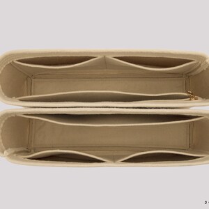 Op de afbeelding: Beige feltaschenorganizer met meerdere vakken en zakken. De organizer is ontworpen om in een grotere tas te passen en biedt structuur en organisatie.
