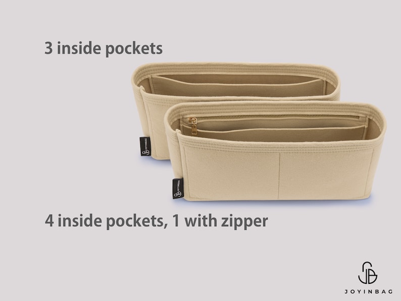 Op de afbeelding: Twee beige felt tasorganizers. De bovenste organizer heeft 3 binnenzakken. De onderste organizer heeft 4 binnenzakken, waarvan 1 met een rits.  "3 binnenzakken" en "4 binnenzakken, 1 met rits" staan in zwarte tekst onder elke organizer.