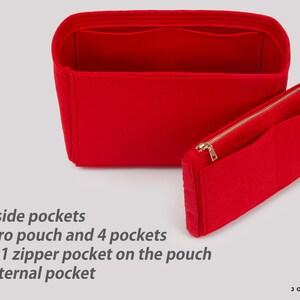 May include: Red felt bag organiser with multiple pockets. The organiser has four inside pockets, a velcro pouch with four pockets and one zipper pocket, and one external pocket. The text "JOYINBAG" is visible in the bottom right corner.