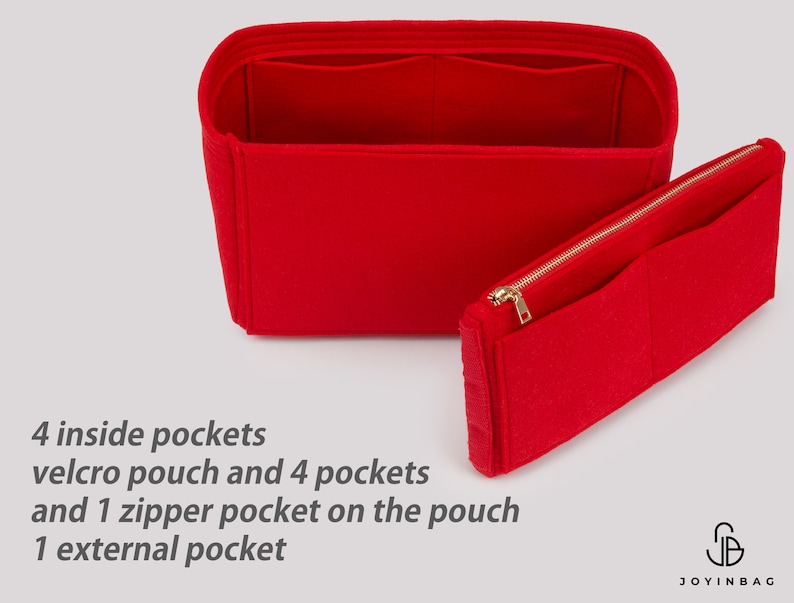 May include: Red felt bag organiser with multiple pockets. The organiser has four inside pockets, a velcro pouch with four pockets and one zipper pocket, and one external pocket. The text "JOYINBAG" is visible in the bottom right corner.