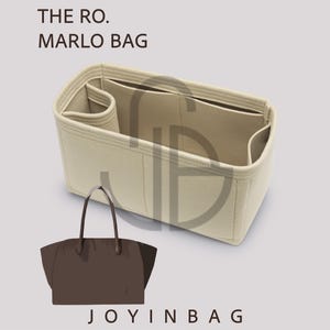 Könnte beinhalten: Beiger Taschenorganizer mit mehreren Fächern und einer braunen Tragetaschenillustration. Der Text "THE RO. MARLO BAG" steht oben und "JOYINBAG" unten. Der Organizer hat eine rechteckige Form mit mehreren Taschen.