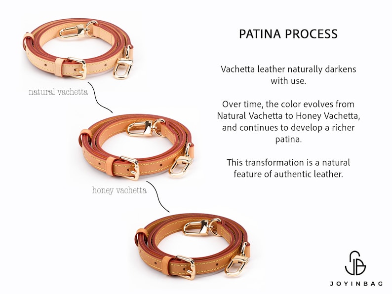 The image is a collage of three images depicting different types of leather straps, specifically focusing on the Patina Process. The first image shows a natural vachertaco leather strap, the second image displays a honey vachertaco leather strap, and the third image shows a honey vachertaco leather strap with a natural vachertaco finish.