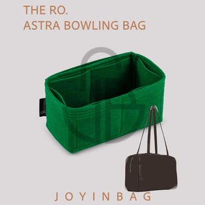 May include: A green felt bag organizer with multiple compartments, next to a brown leather tote bag. The text "THE RO. ASTRA BOWLING BAG" is at the top, and "JOYINBAG" is at the bottom.