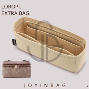 May include: A beige felt handbag organizer insert with multiple interior compartments and a gold-tone zipper, accompanied by a smaller rectangular cosmetic bag featuring a brown and beige geometric pattern and a top handle. Text reads LOROPI. EXTRA BAG.