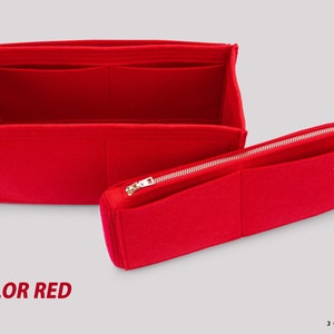 May include: Red felt bag organizer with multiple compartments and a zippered pouch. The organizer is designed to fit inside a larger bag.
