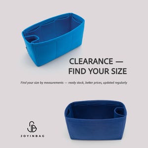 May include: A bright blue felt handbag organiser insert with multiple interior pockets and compartments. The image includes the text CLEARANCE — FIND YOUR SIZE, Find your size by measurements — ready stock, better prices, updated regularly, and the JOYINBAG logo.