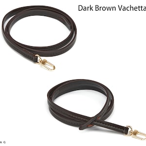 Vachetta Bag Strap, Real Leather Replacement Strap for Designer Purse, Fine Leather Strap with Stitching & Pull-Through Attachment Tab Dark Brown Vachetta