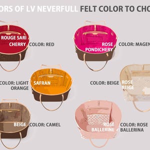 K&ouml;nnte beinhalten: Eine Collage aus sechs verschiedenen farbigen Filz-Futteroptionen f&uuml;r eine Louis Vuitton Neverfull Tasche. Die Farben sind: Rouge Sari Cherry (rot), Rose Pondicherry (magenta), Safran (hellorange), Beige (beige), Rose Ballerine (rosa) und Beige (beige).