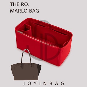May include: A red bag organizer with multiple compartments and a zipper closure. The text "THE RO. MARLO BAG" is displayed at the top. A brown tote bag illustration is shown below the organizer. The text "JOYINBAG" is at the bottom.