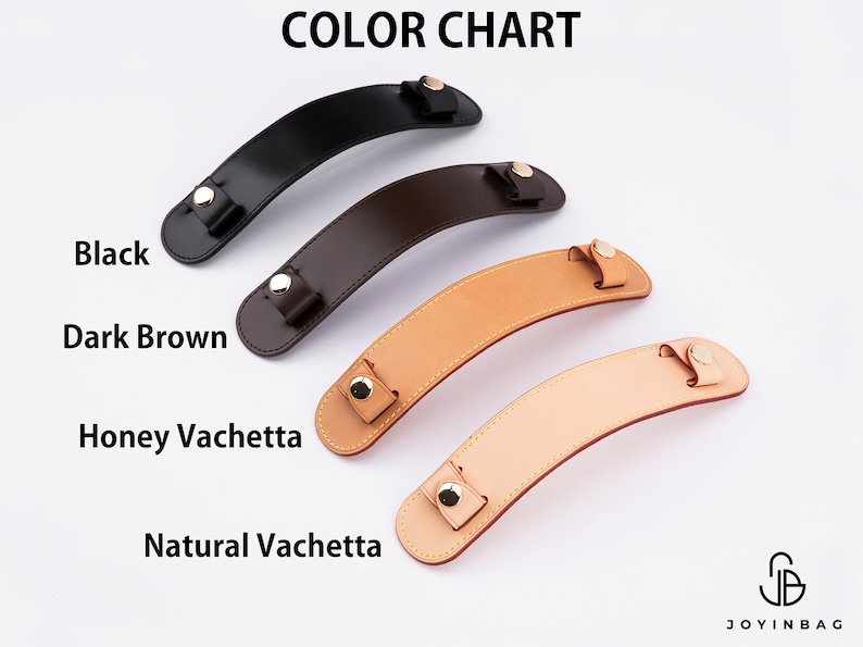 Puede incluir: Carta de colores que muestra cuatro asas de cuero en diferentes colores: negro, marr&oacute;n oscuro, vachetta miel y vachetta natural. Las asas son curvadas y tienen herrajes de metal dorado.