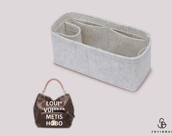 May include: A light gray felt handbag organizer insert with multiple interior compartments and a rectangular shape, shown alongside a small brown patterned handbag with the text LOUI* VUI**** METIS HOBO printed on its front surface.