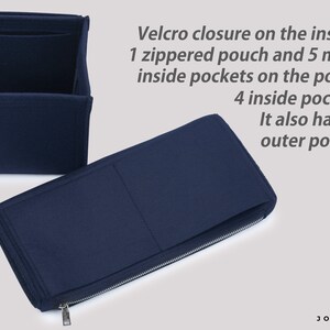 May include: A blue felt bag organizer with multiple pockets. It has a zippered pouch, velcro closure, and an outer pocket. The text "JOYINBAG" is printed on the bottom right corner.