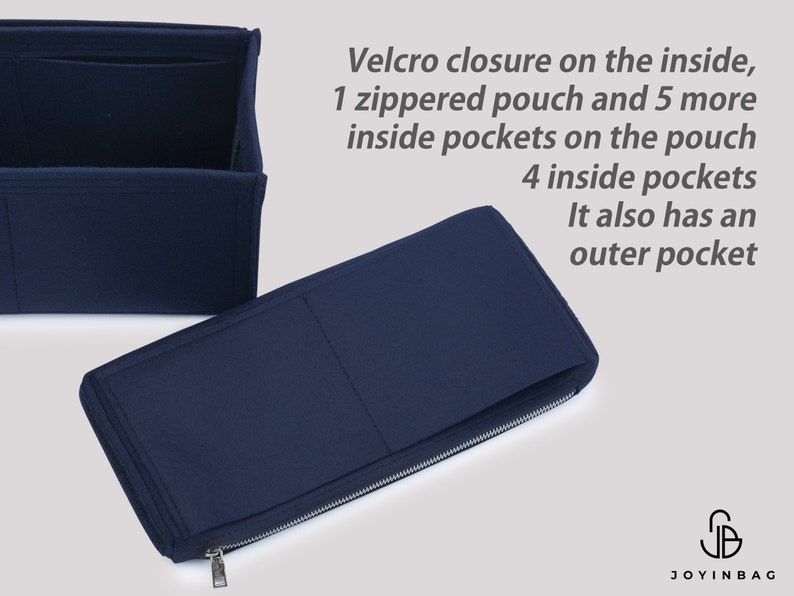 May include: A blue felt bag organizer with multiple pockets. It has a zippered pouch, velcro closure, and an outer pocket. The text "JOYINBAG" is printed on the bottom right corner.