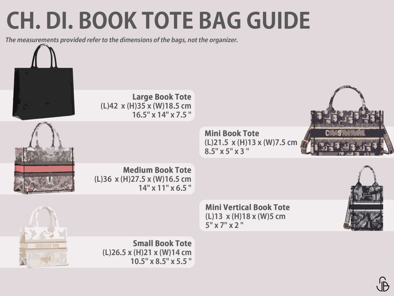 May include: A guide to different sizes of Dior Book Tote bags. The bags are shown in various colors and patterns, including black, white, and gray. The guide includes measurements in inches and centimeters for each size.