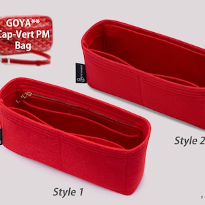 May include: Two red felt bag organizers for a GOYA Cap-Vert PM bag. Style 1 features an internal zippered pocket and multiple compartments. Style 2 is an open-top rectangular insert. Both organizers have a small black tag labeled JOYINBAG.