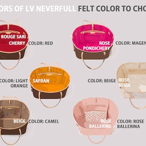 Pu&ograve; includere: Un collage di sei diverse opzioni di fodera in feltro colorato per una borsa Louis Vuitton Neverfull. I colori sono: Rouge Sari Cherry (rosso), Rose Pondicherry (magenta), Safran (arancione chiaro), Beige (beige), Rose Ballerine (rosa) e Beige (beige).