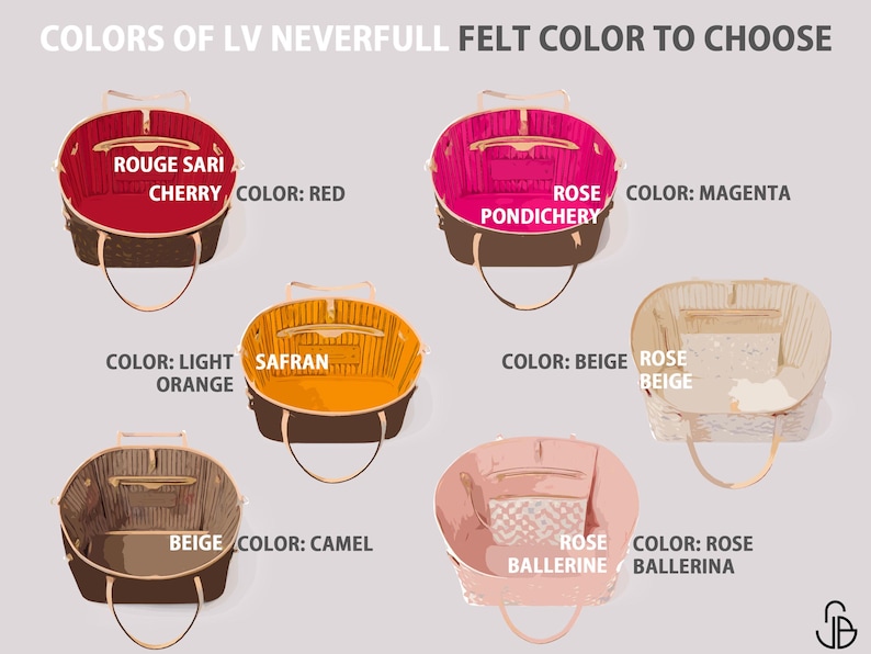 Pu&ograve; includere: Un collage di sei diverse opzioni di fodera in feltro colorato per una borsa Louis Vuitton Neverfull. I colori sono: Rouge Sari Cherry (rosso), Rose Pondicherry (magenta), Safran (arancione chiaro), Beige (beige), Rose Ballerine (rosa) e Beige (beige).