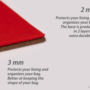 May include: Close-up of two felt layers, one red and one brown. The text indicates the felt is 2 mm and 3 mm thick, protecting the bag lining and organizing the bag. The base is produced in 2 layers for extra durability.