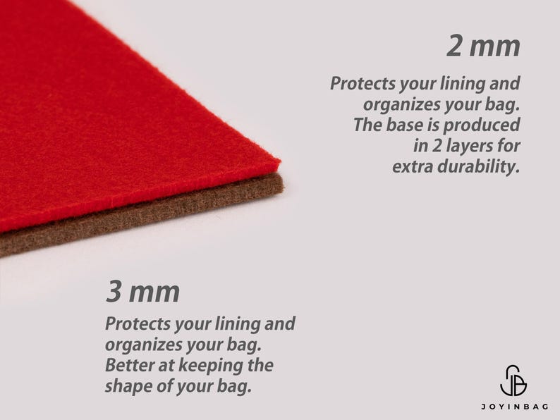 May include: Close-up of two felt layers, one red and one brown. The text indicates the felt is 2 mm and 3 mm thick, protecting the bag lining and organizing the bag. The base is produced in 2 layers for extra durability.