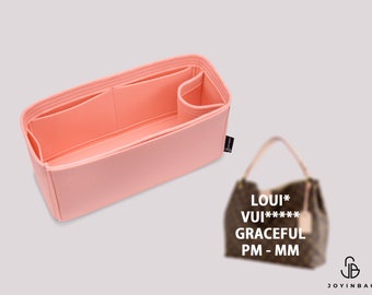 Könnte beinhalten: Rosaer Filztaschenorganizer mit mehreren Fächern. Der Organizer ist für eine Louis Vuitton Graceful PM - MM Handtasche konzipiert.