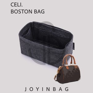 May include: A gray felt Boston bag organizer and a brown and black handbag. The organizer has multiple compartments. The handbag has brown handles and gold-colored hardware. The text "CELI. BOSTON BAG" and "JOYINBAG" are visible.